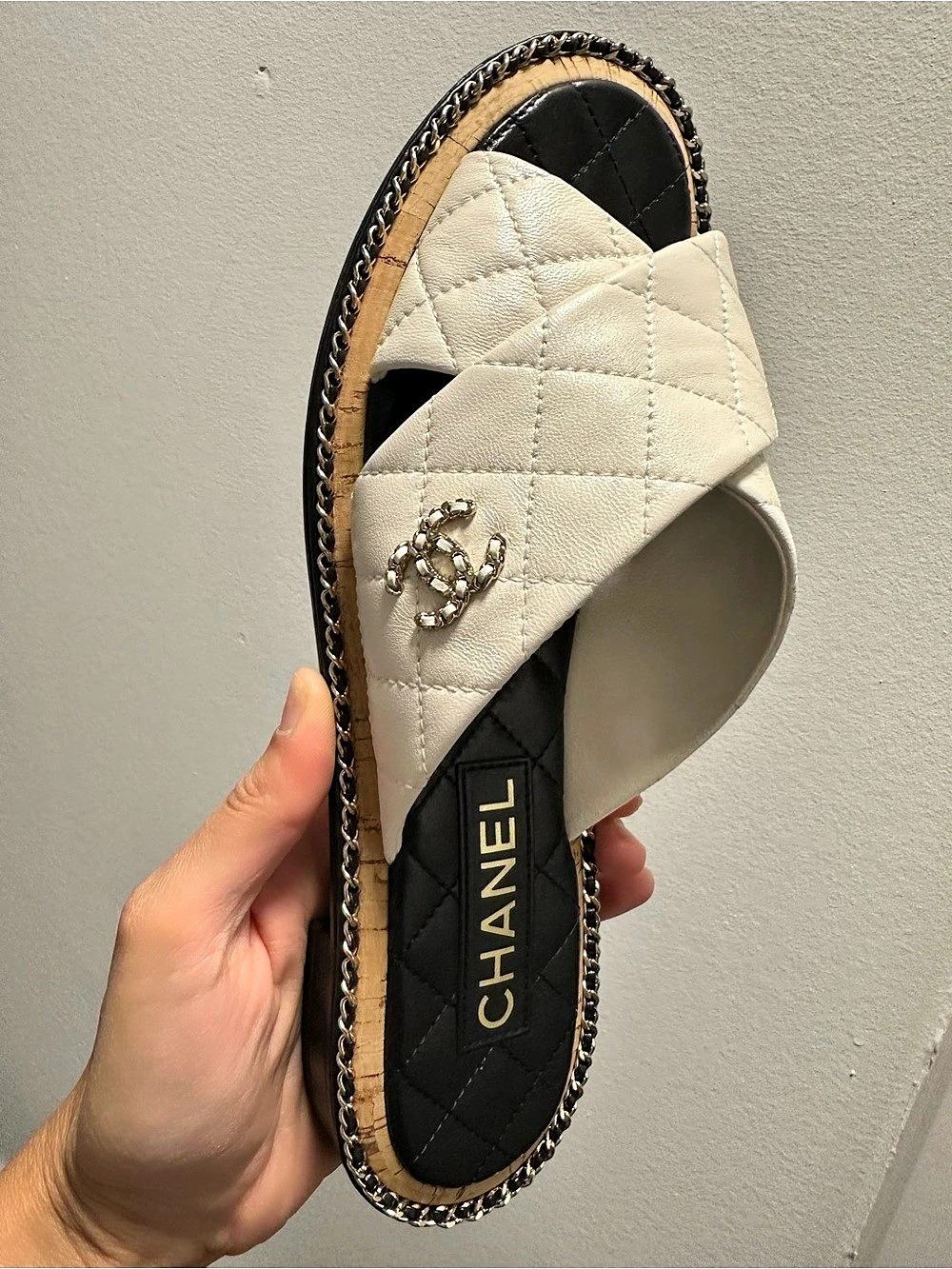 Chanel Quilted Leather & Cork Chain Slide Sandals Quilted Chain-Trim Sandals in